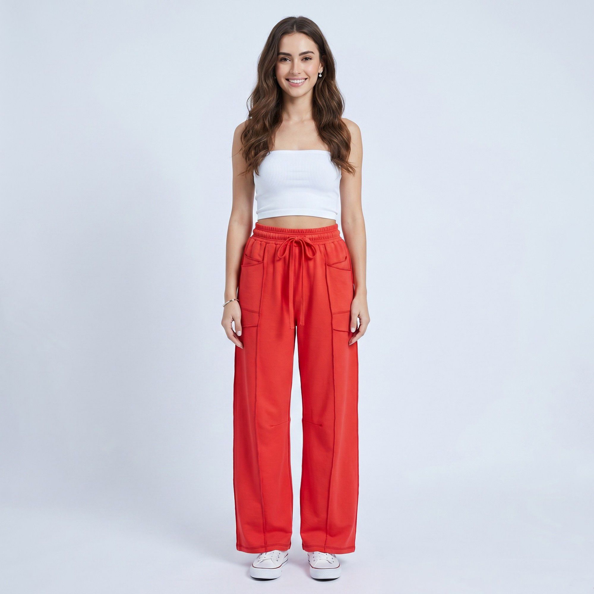 Anna-Kaci Women's High Rise Drawstring Wide Leg Utility Pants with Patch Pockets
