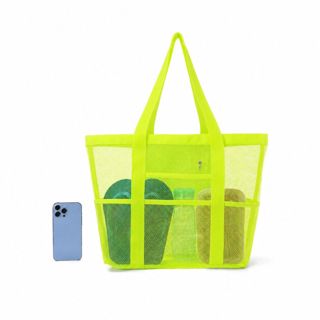 Mesh Beach Tote Bag Large Capacity Travel Shoulder Bag with Exterior Pockets Zipper Top Organizer
