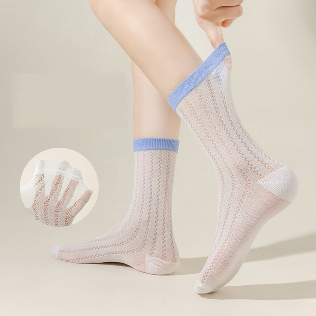Anna-Kaci 5 Pairs Women's Breathable Lace-Knit Crew Socks with Colored Cuffs Soft Lightweight Anti-Odor for Casual Wear