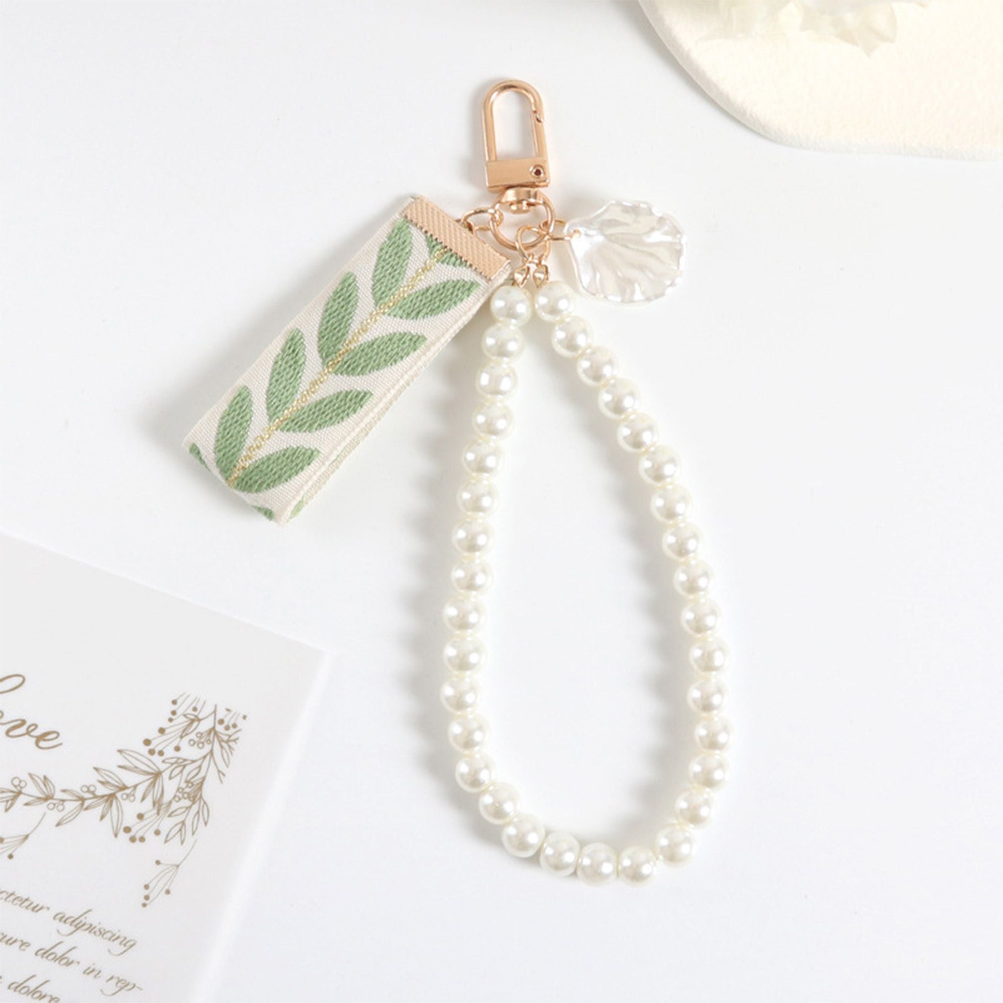 Pearl Beaded Keychain with Fabric Bow and Leaf Pattern Ribbon Charm