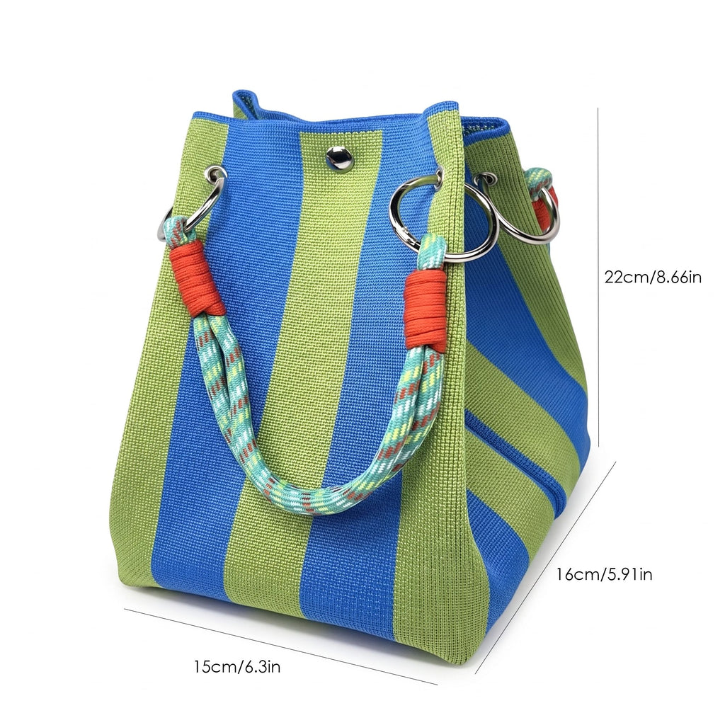 Small Striped Knit Bucket Bag with Rope Handles and Snap Closure