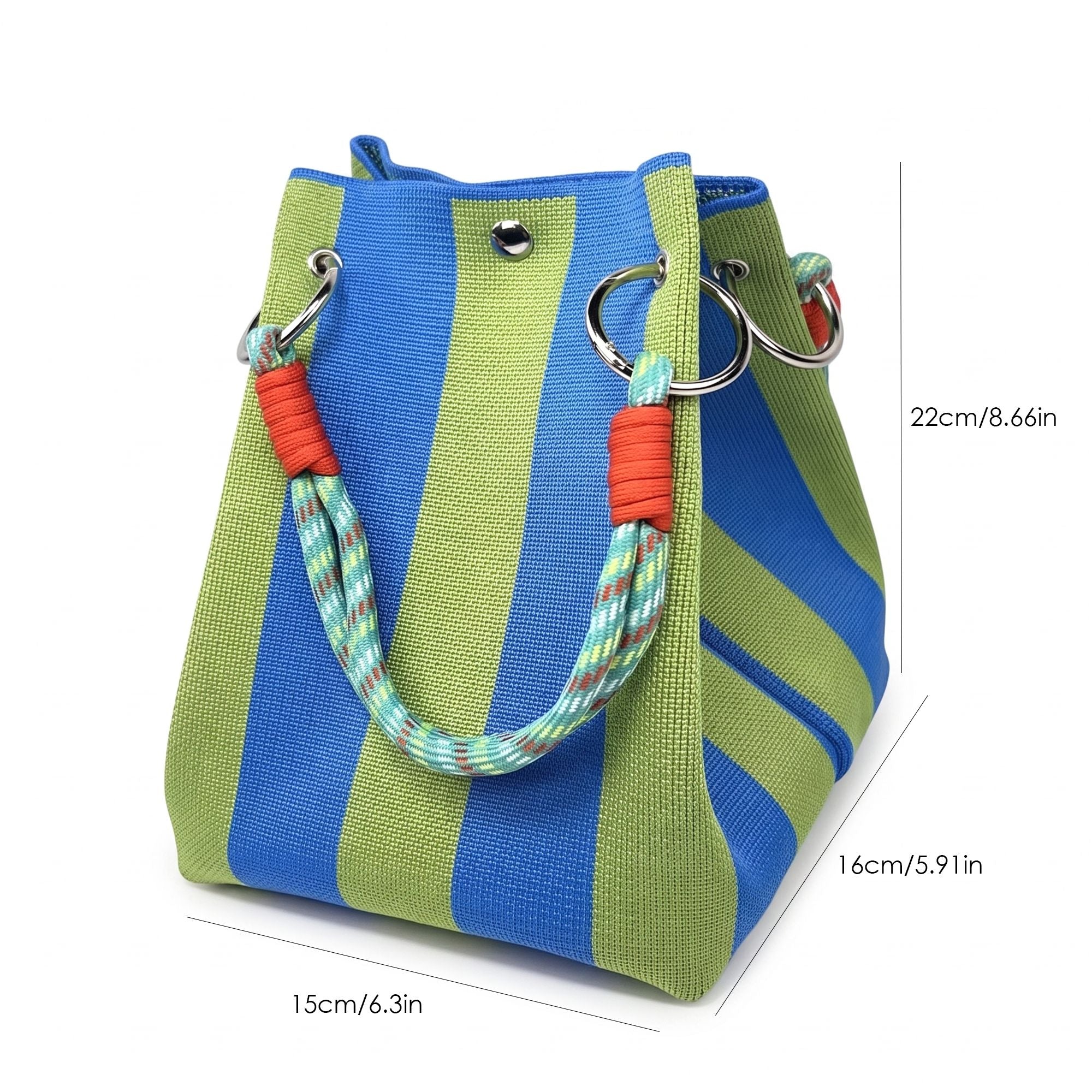 Small Striped Knit Bucket Bag with Rope Handles and Snap Closure
