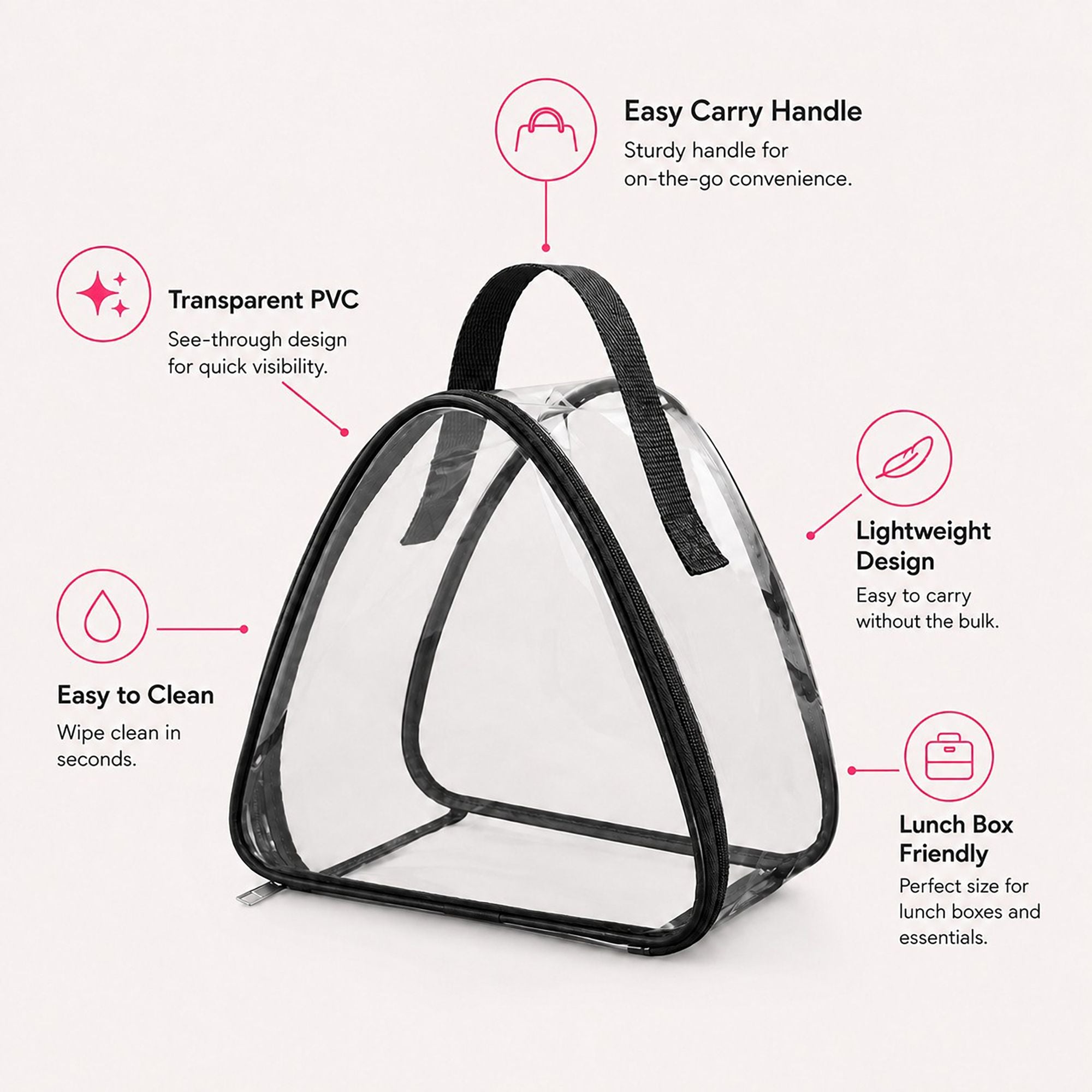 Clear Triangular Lunch Bag with Zipper Closure and Top Handle