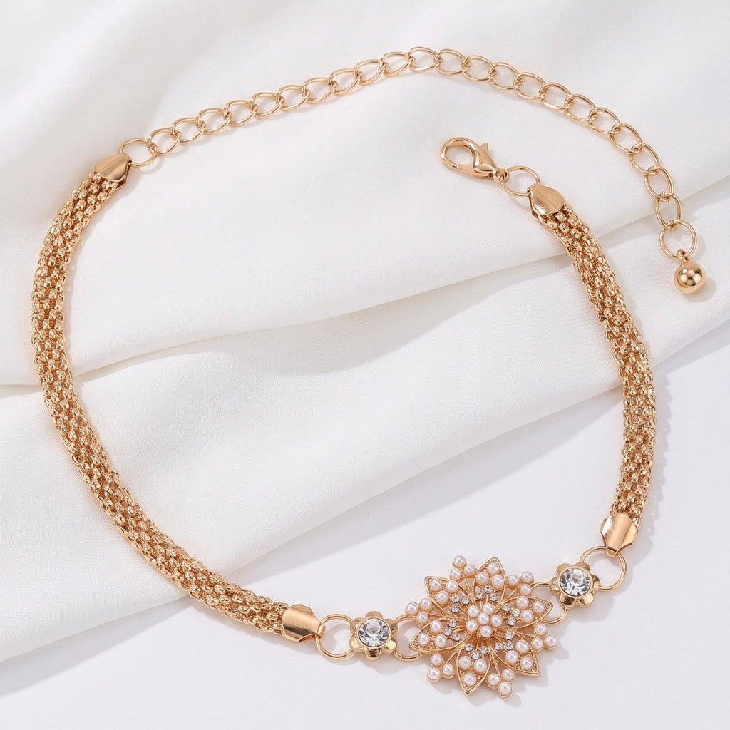 Pearl Floral Mesh Metal Waist Chain Adjustable Elegant Statement Waist Jewelry 43.3in
