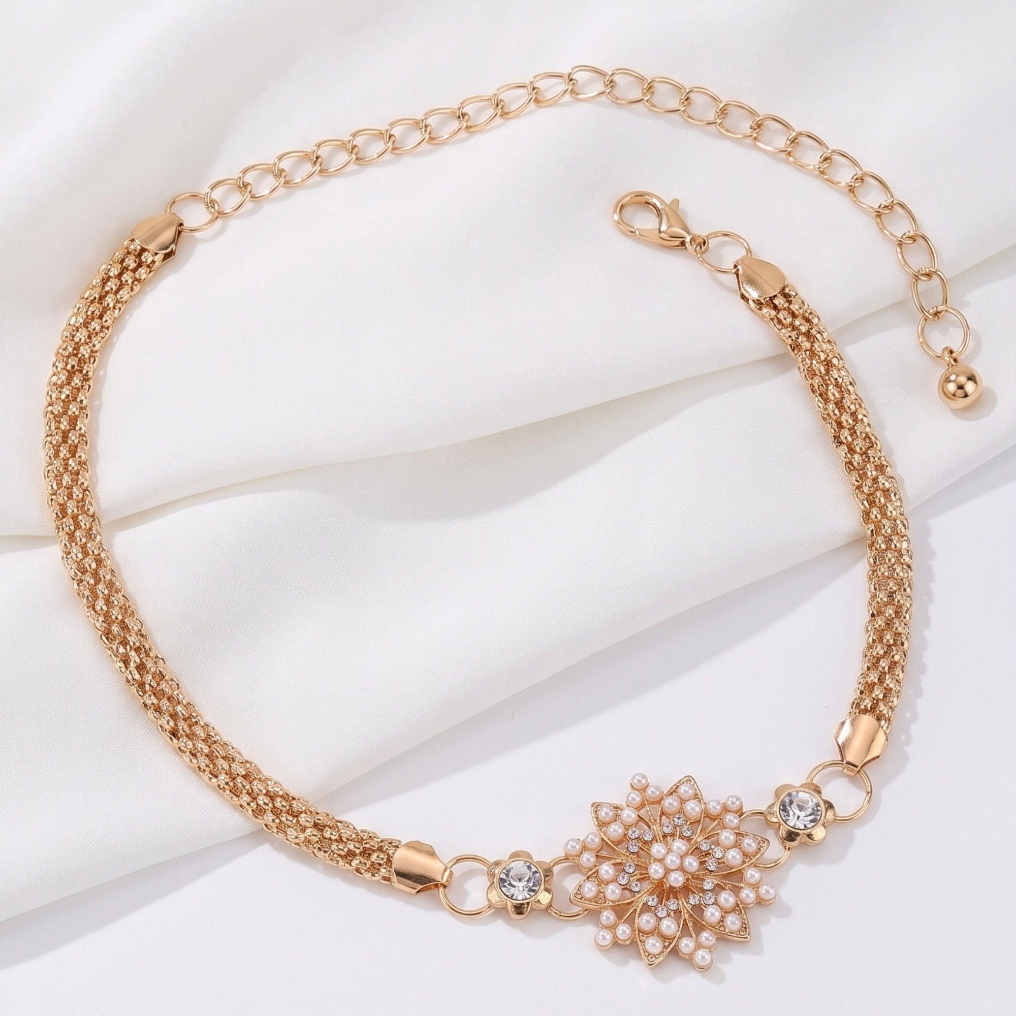 Pearl Floral Mesh Metal Waist Chain Adjustable Elegant Statement Waist Jewelry 43.3in