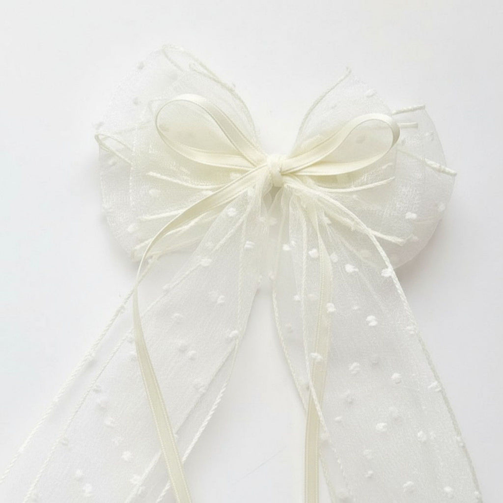 Anna-Kaci 2pcs Sheer Polka Dot Bow Hair Clip with Layered Tulle Design and Long Ribbon Tails