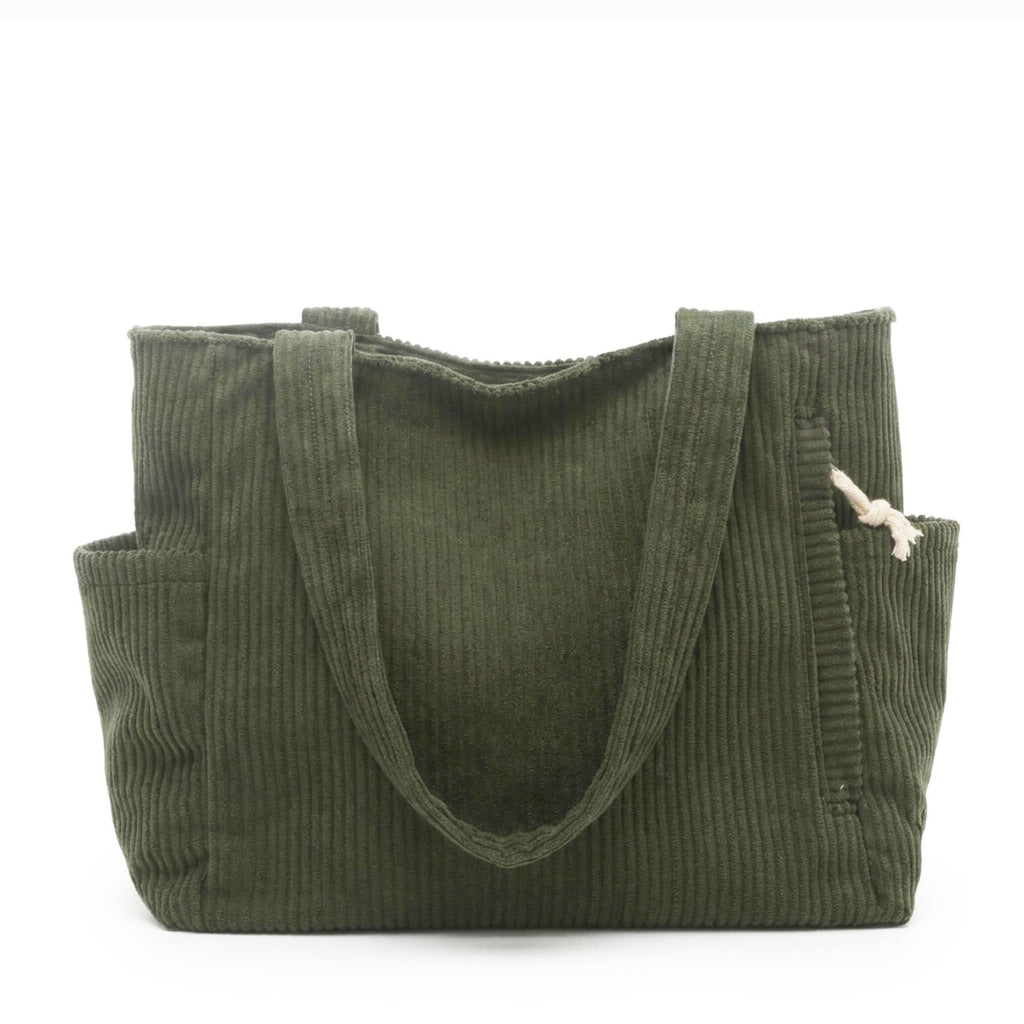 Corduroy Tote Bag Large Capacity Shoulder Bag with Side Pockets and Zipper Closure