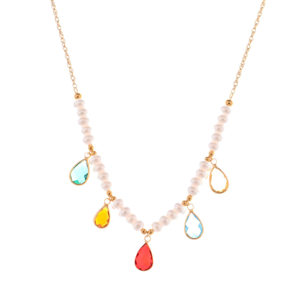Pearl Beaded Fashion Necklace with Colorful Teardrop Crystal Charms
