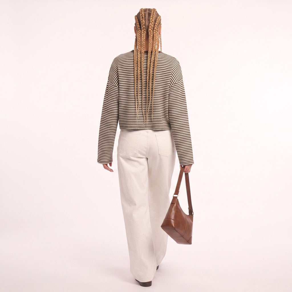 Striped Textured Knit Drop Shoulder Cropped Sweater