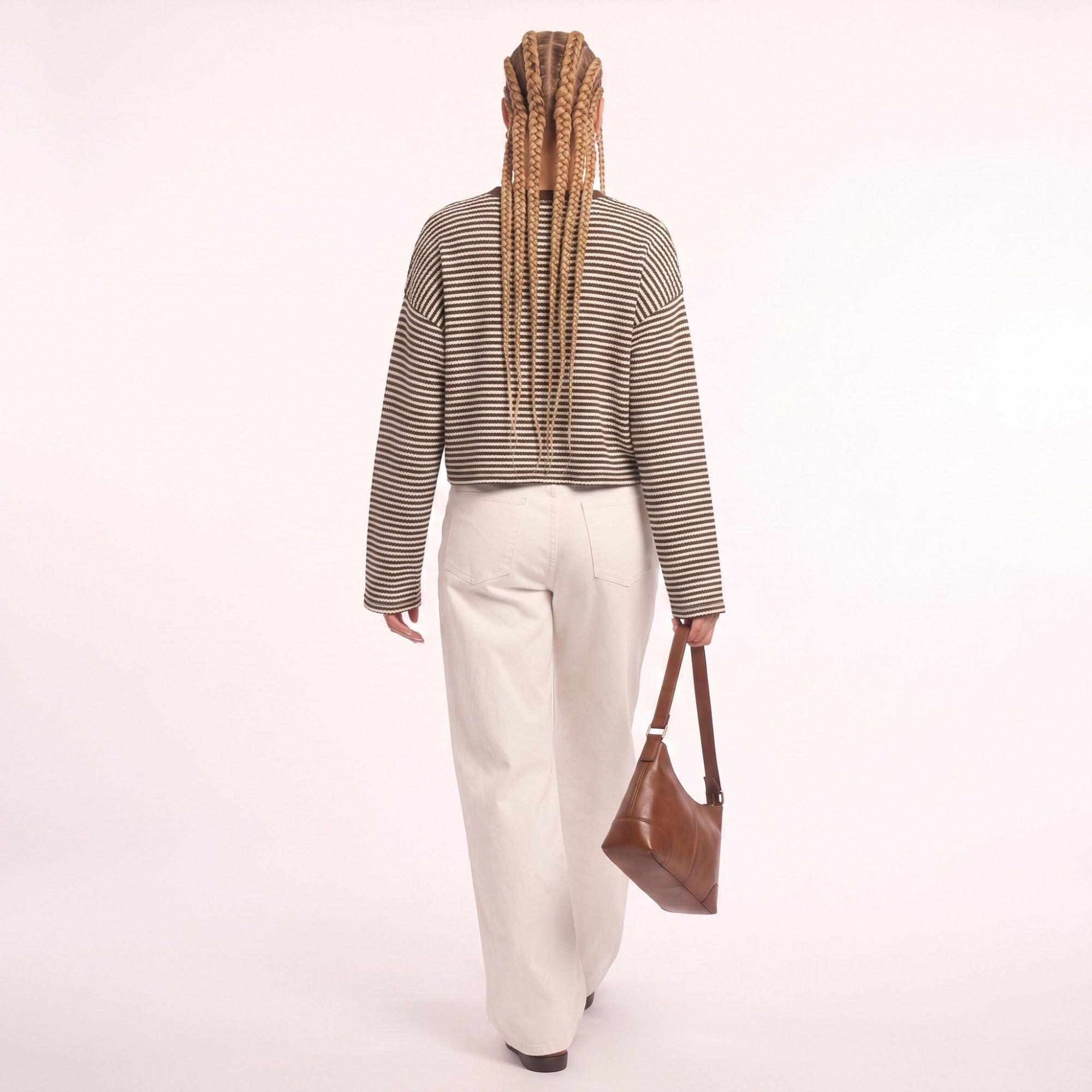 Striped Textured Knit Drop Shoulder Cropped Sweater