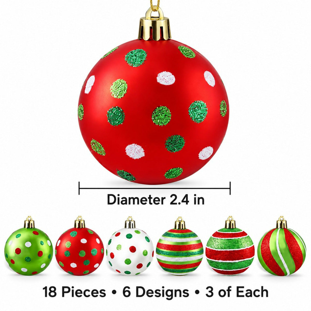12ct Striped and Polka Dot Christmas Ball Ornament Set Red Green and White