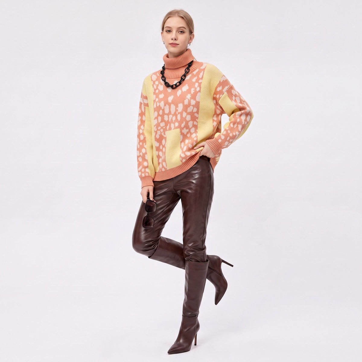 Animal Print Color Block Turtleneck Sweater