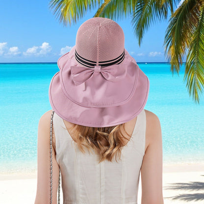 Anna-Kaci Wide Brim Mesh Sun Hat with Back Bow UV Protection Foldable Travel Hat for Women Outdoor Summer Style