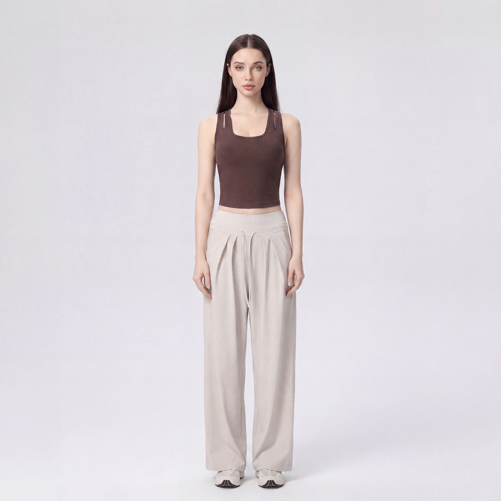 Sleeveless Yoga Tank Top with Built In Padding Scoop Neck Cutout Strap Detail and Fitted Activewear Silhouette
