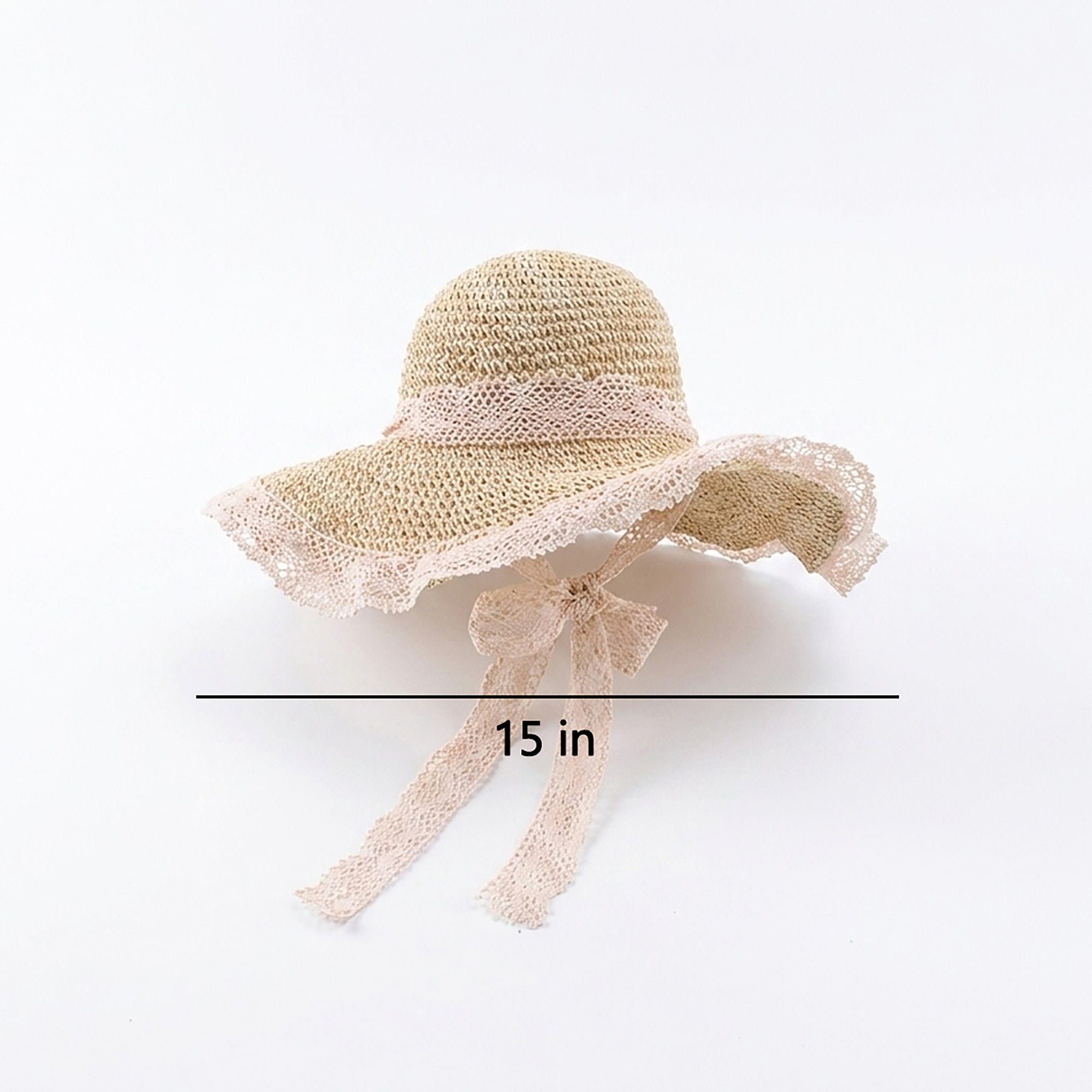 Crochet Wide Brim Sun Hat with Lace Trim Bow Accent and Wavy Brim