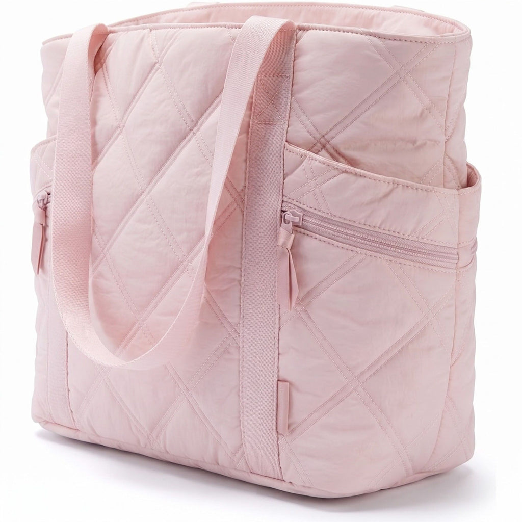 Oversized Quilted Tote Bag with Exterior Zip Pockets and Long Shoulder Straps 15.5x12.5x6.5in