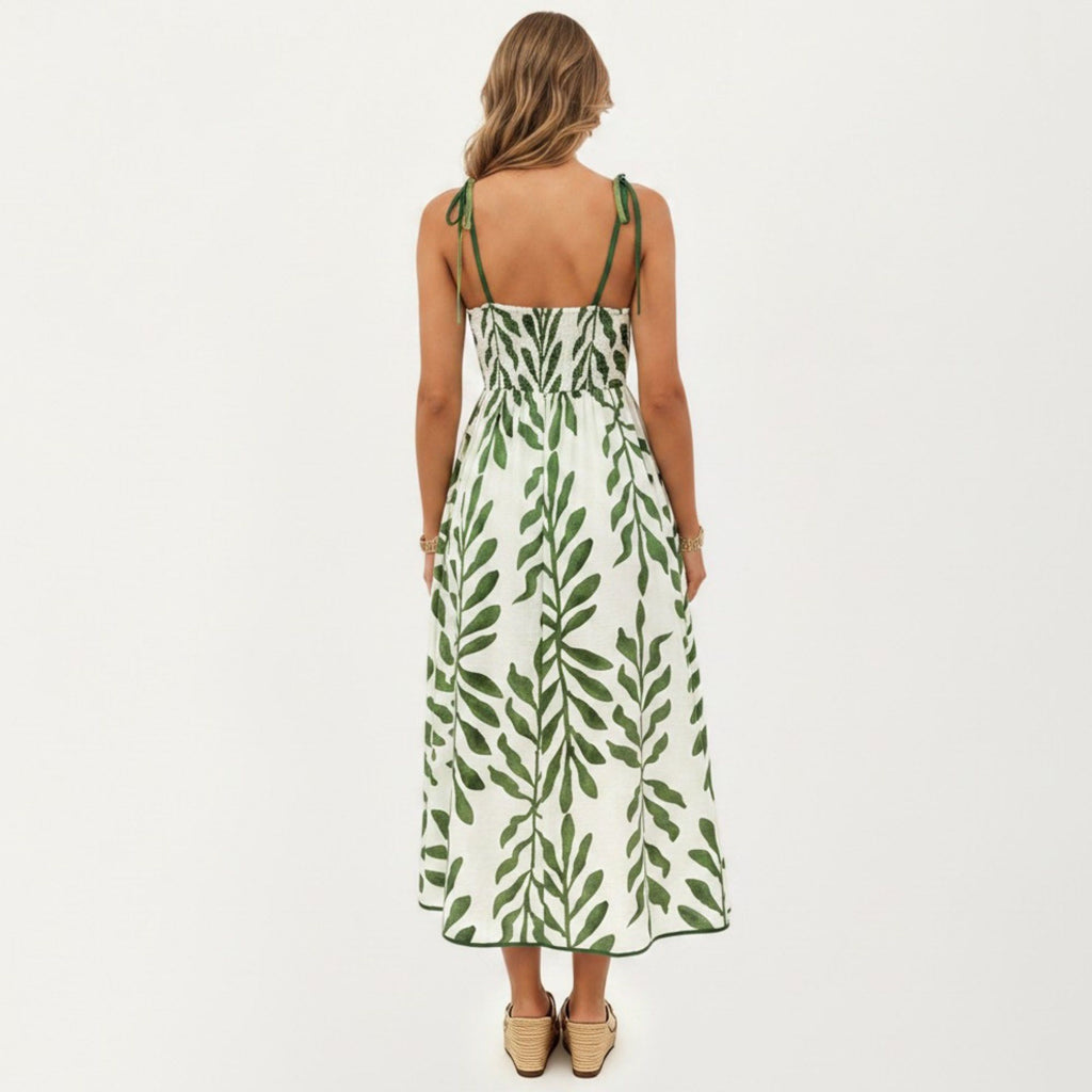 Anna-Kaci Women's Sleeveless Midi Dress with Leaf Print Tie Shoulder Straps Smocked Back Flowy A-Line Silhouette