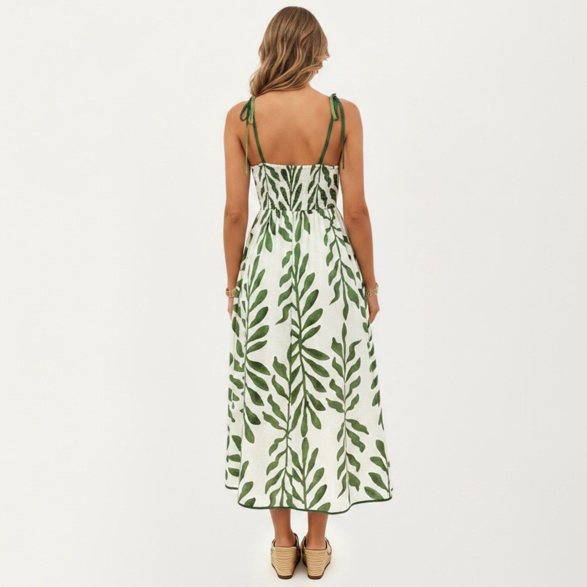 Anna-Kaci Women's Sleeveless Midi Dress with Leaf Print Tie Shoulder Straps Smocked Back Flowy A-Line Silhouette