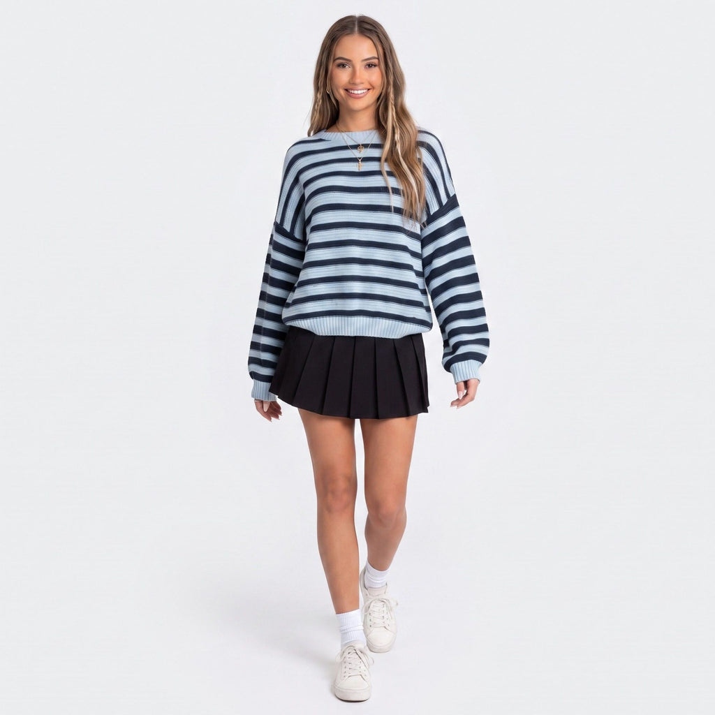 Striped Crewneck Drop-Shoulder Knit Sweater