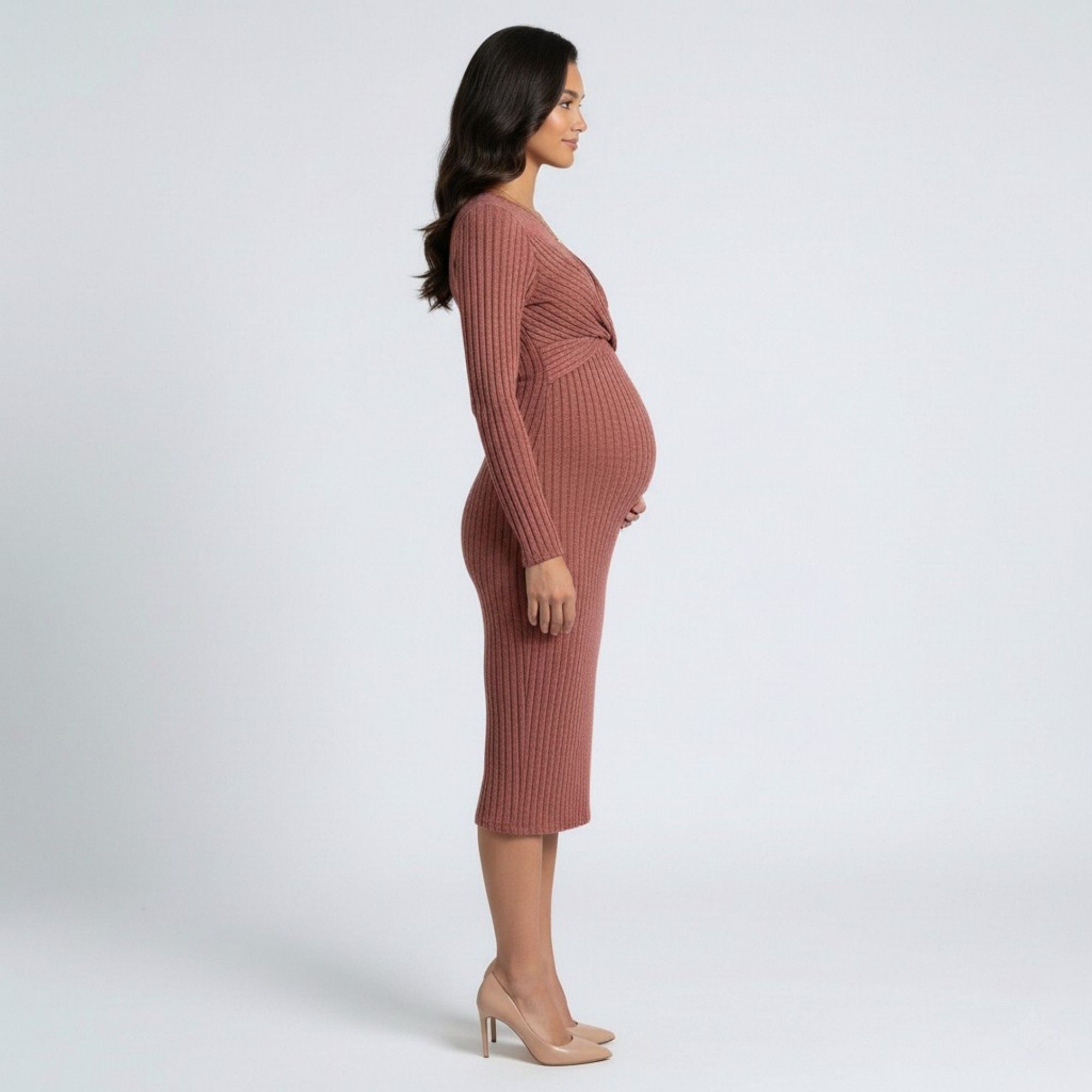 Anna-Kaci Women's Ribbed Knit Bodycon Maternity Dress - Long Sleeve Twist Front Stretch Midi
