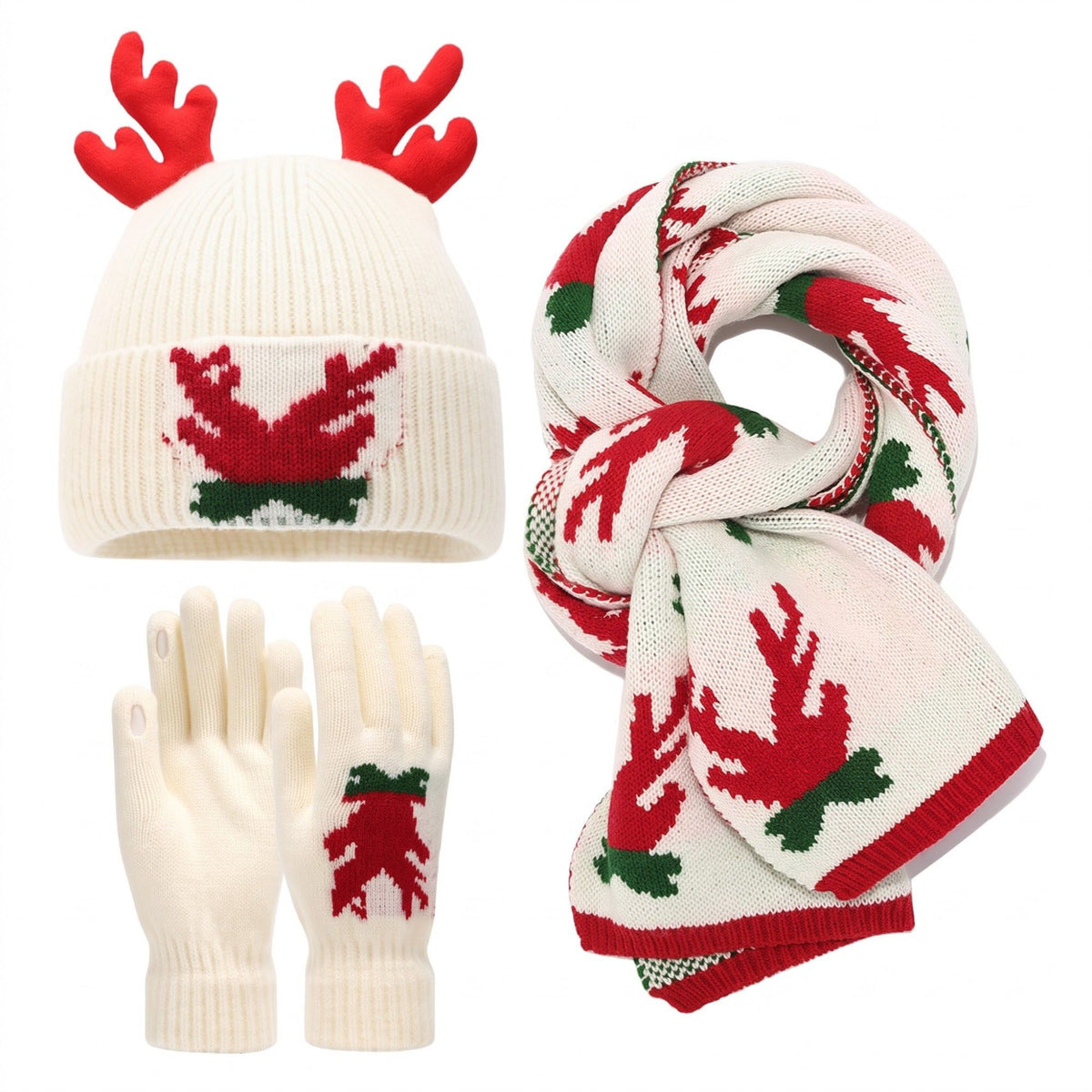 3 Piece Christmas Reindeer Antler Beanie Scarf and Gloves Set
