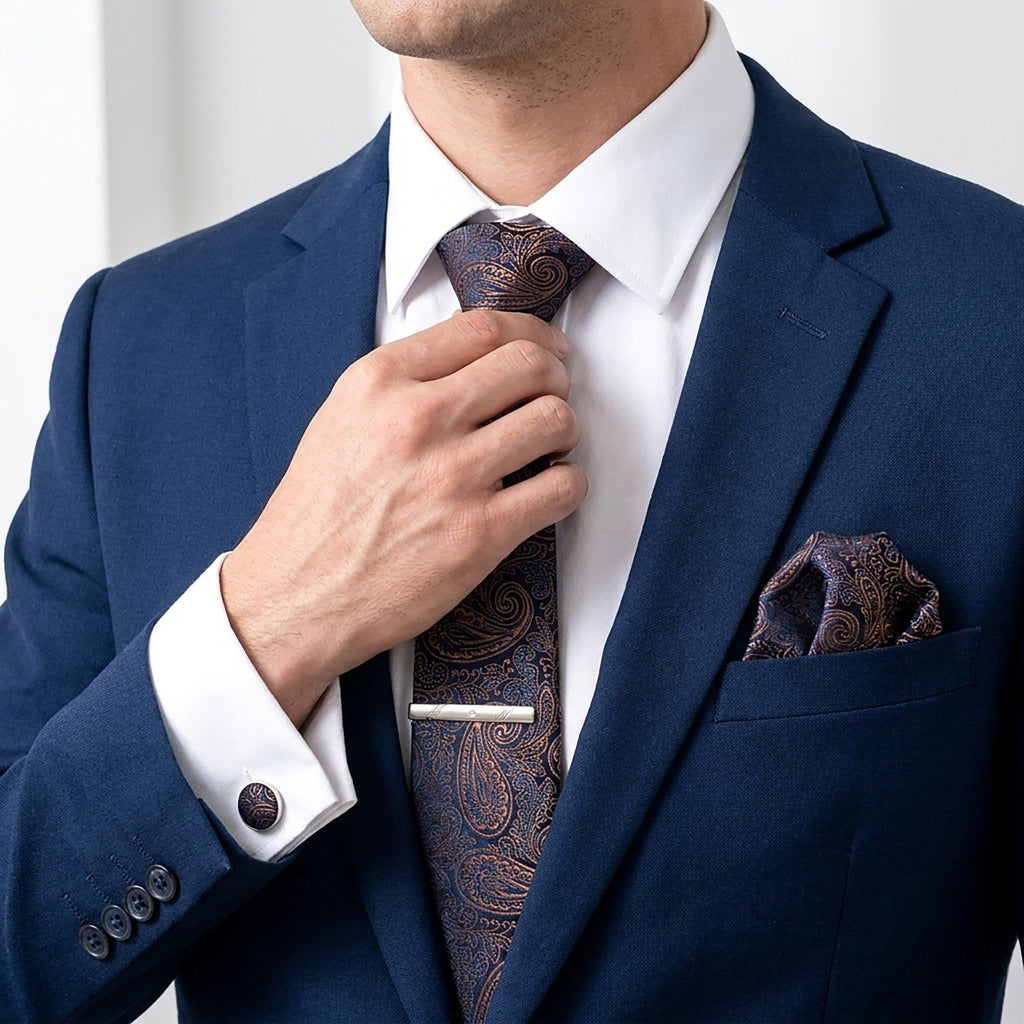 Men's Paisley Floral Tie Gift Set with Matching Pocket Square Cufflinks and Silver Tie Clip