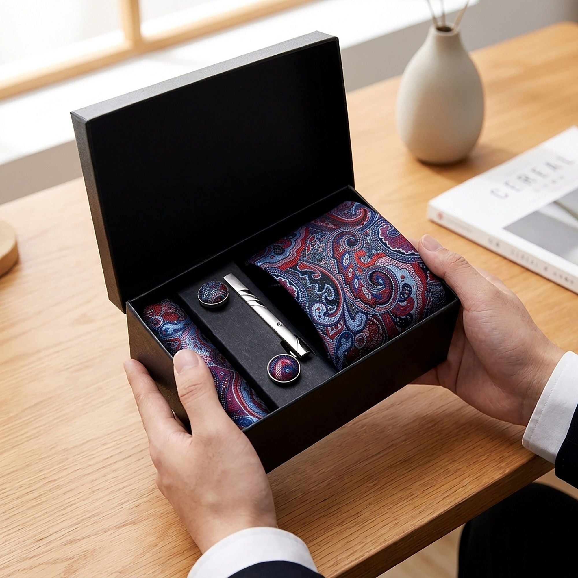 Men's Paisley Pattern Tie Gift Set with Matching Pocket Square Cufflinks and Silver Tie Clip