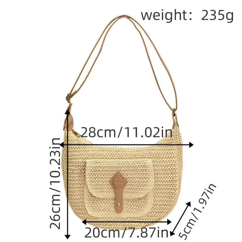 Woven Crochet Hobo Bag with Flap Pocket Leather Strap Slouchy Shoulder Handbag Lightweight Knit Tote