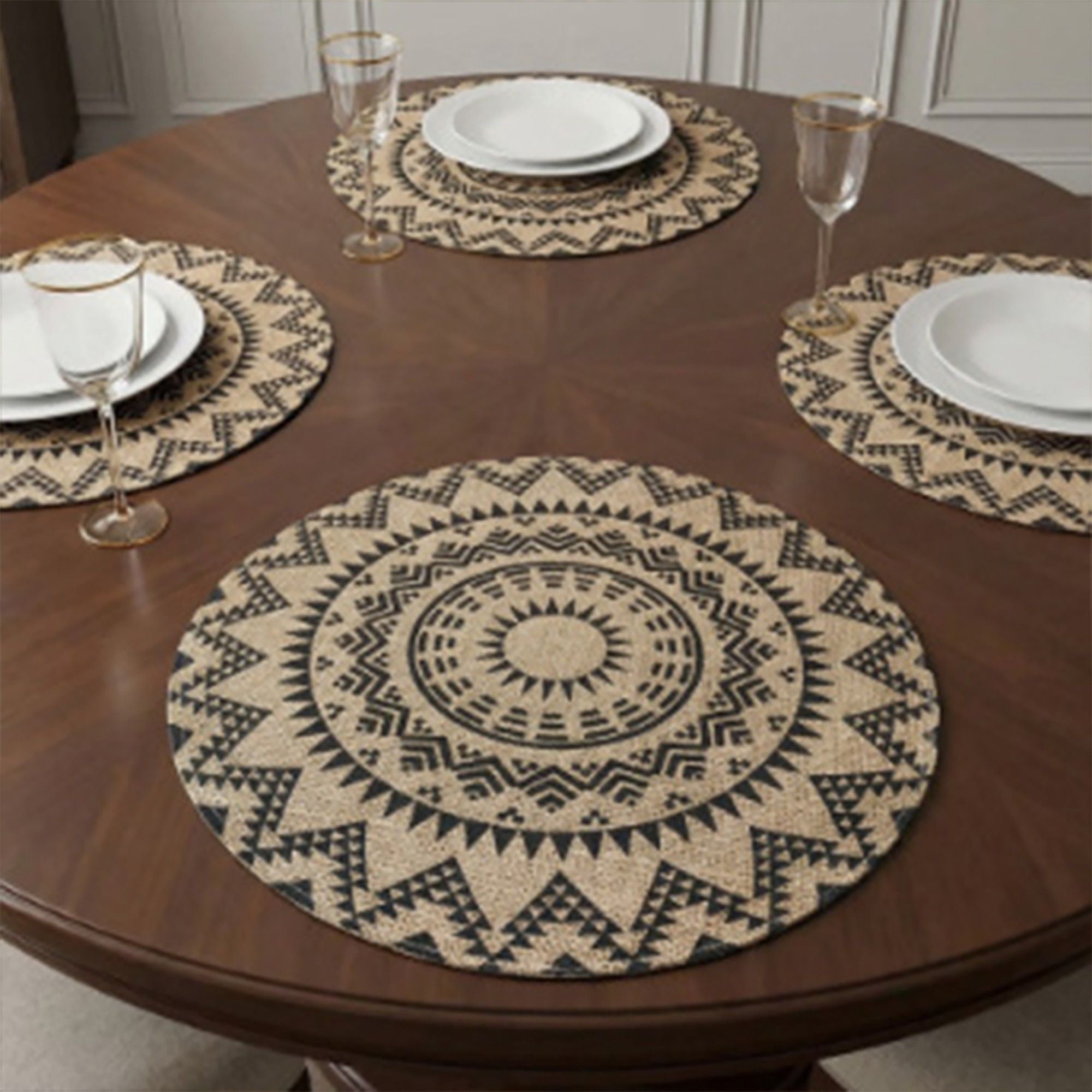 4 Piece Boho Round Placemat Set Woven Look Heat Resistant Table Mats for Dining Table