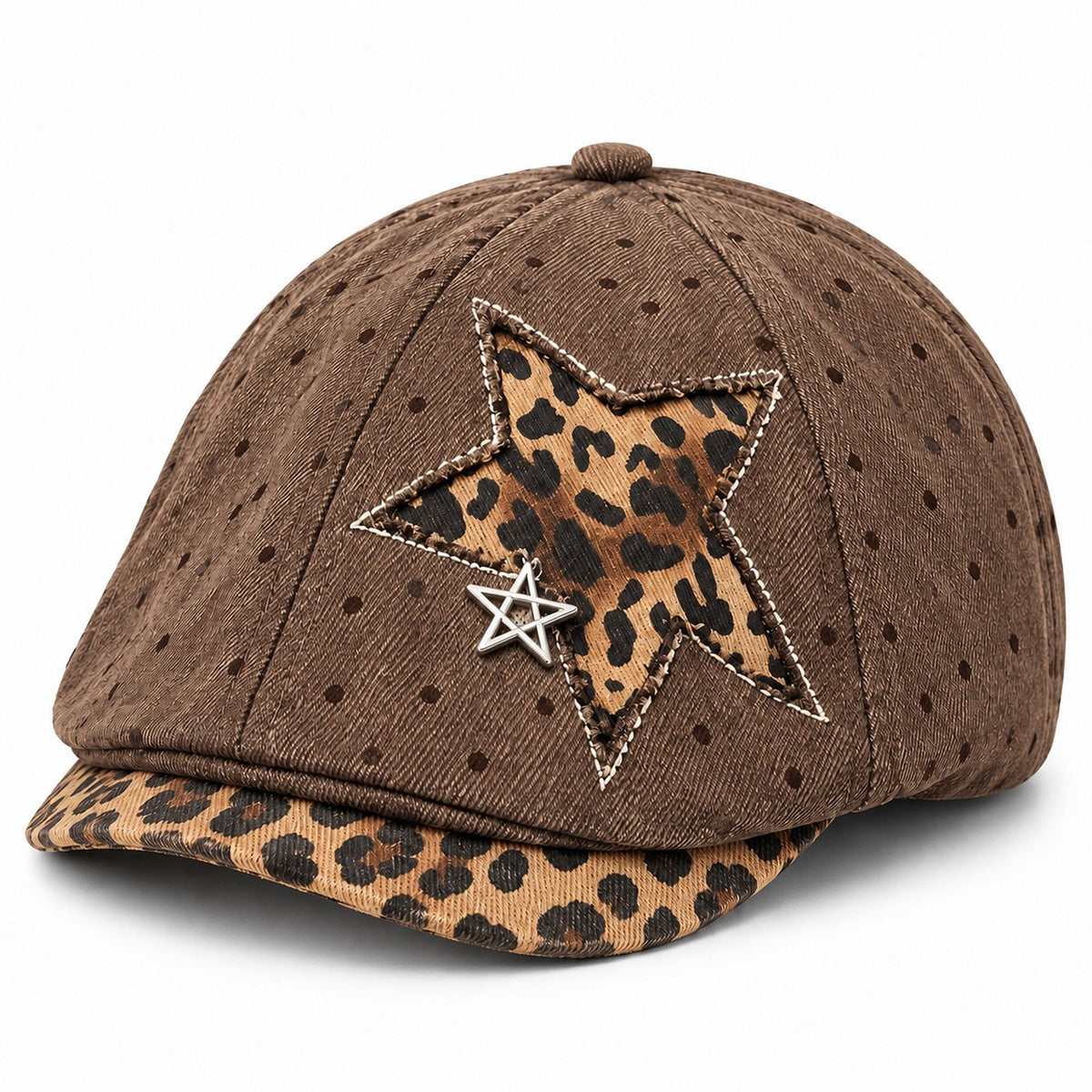 Polka Dot Newsboy Cap with Leopard Print Star and Charm