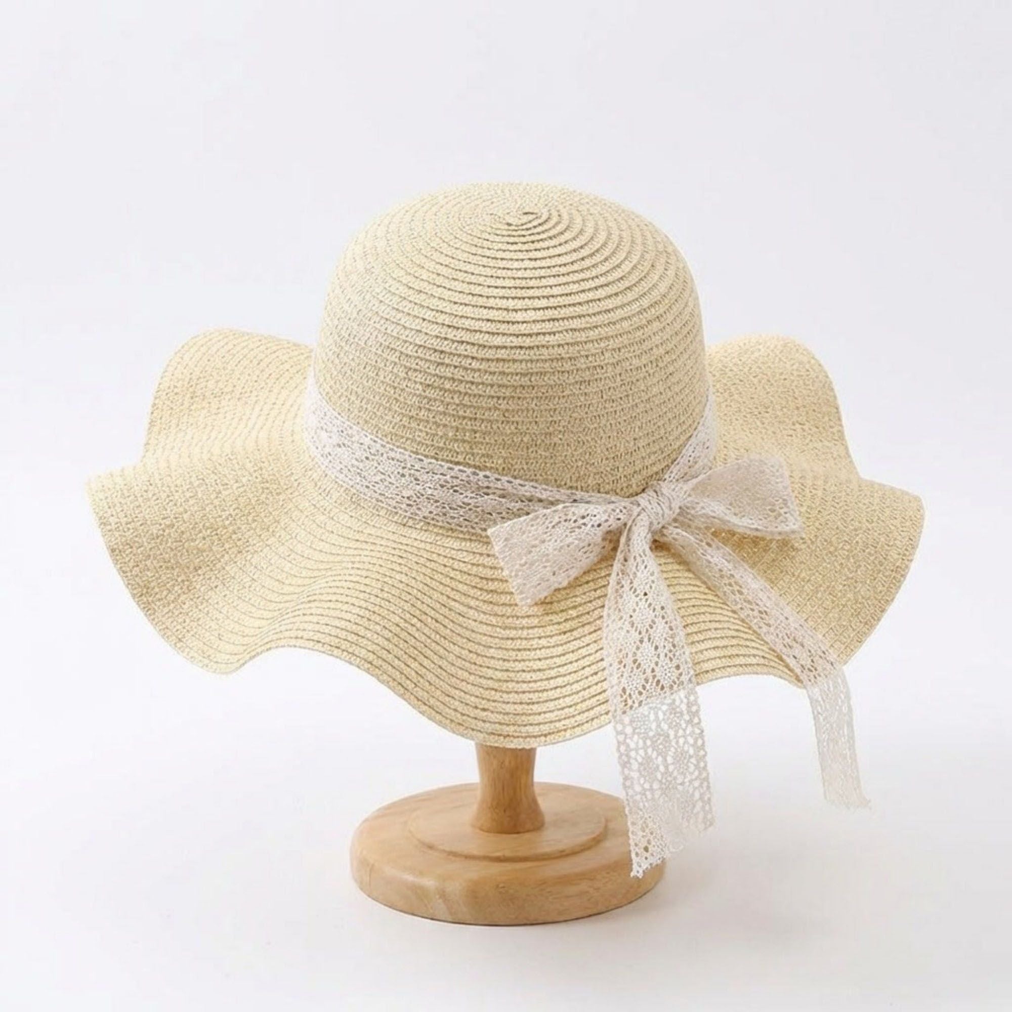 Women's Wide Brim Straw Sun Hat Lace Ribbon Tie Lightweight Summer Beach Hat