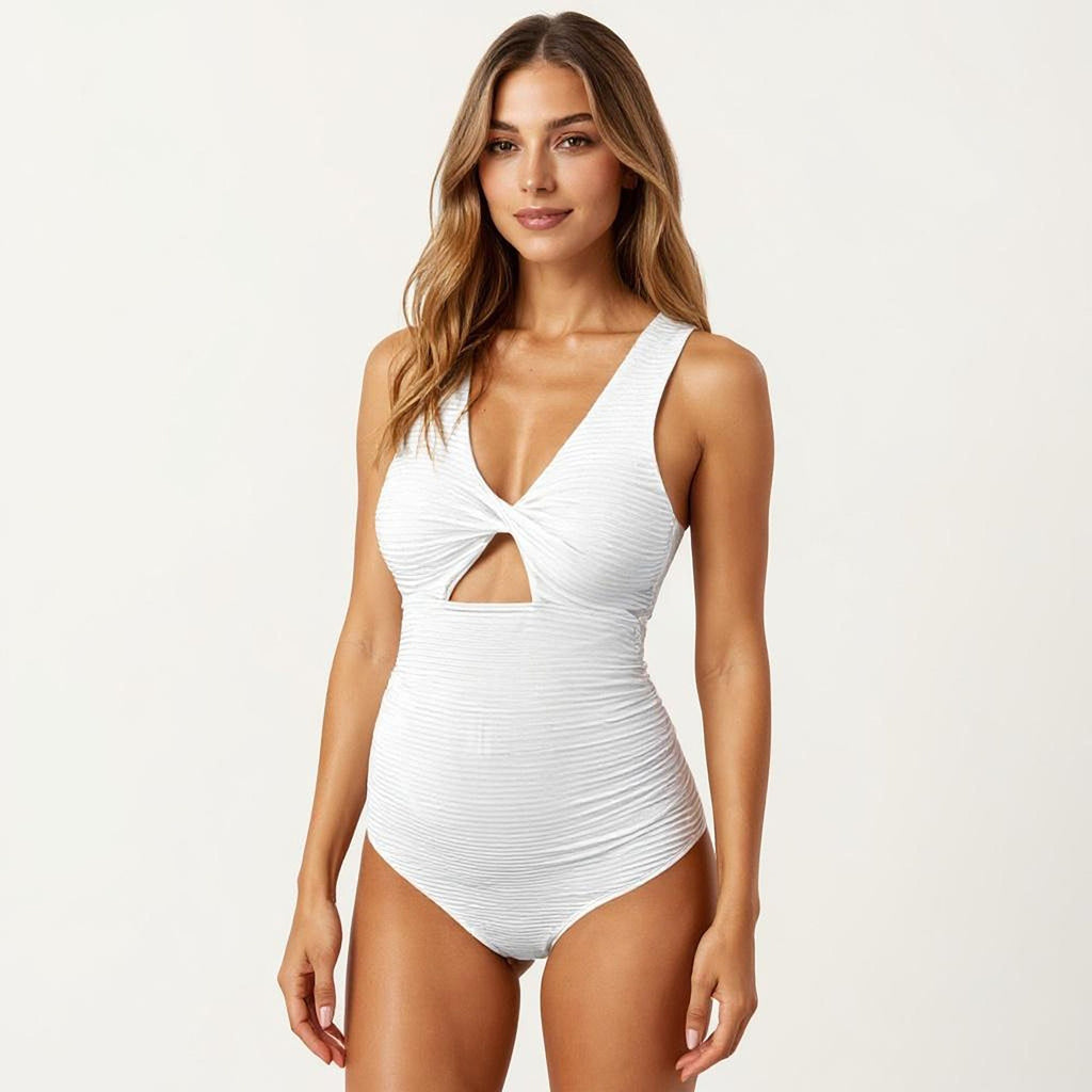 Anna-Kaci Swim Women's Maternity Striped Twist Front One-Piece Swimsuit with Keyhole Cutout