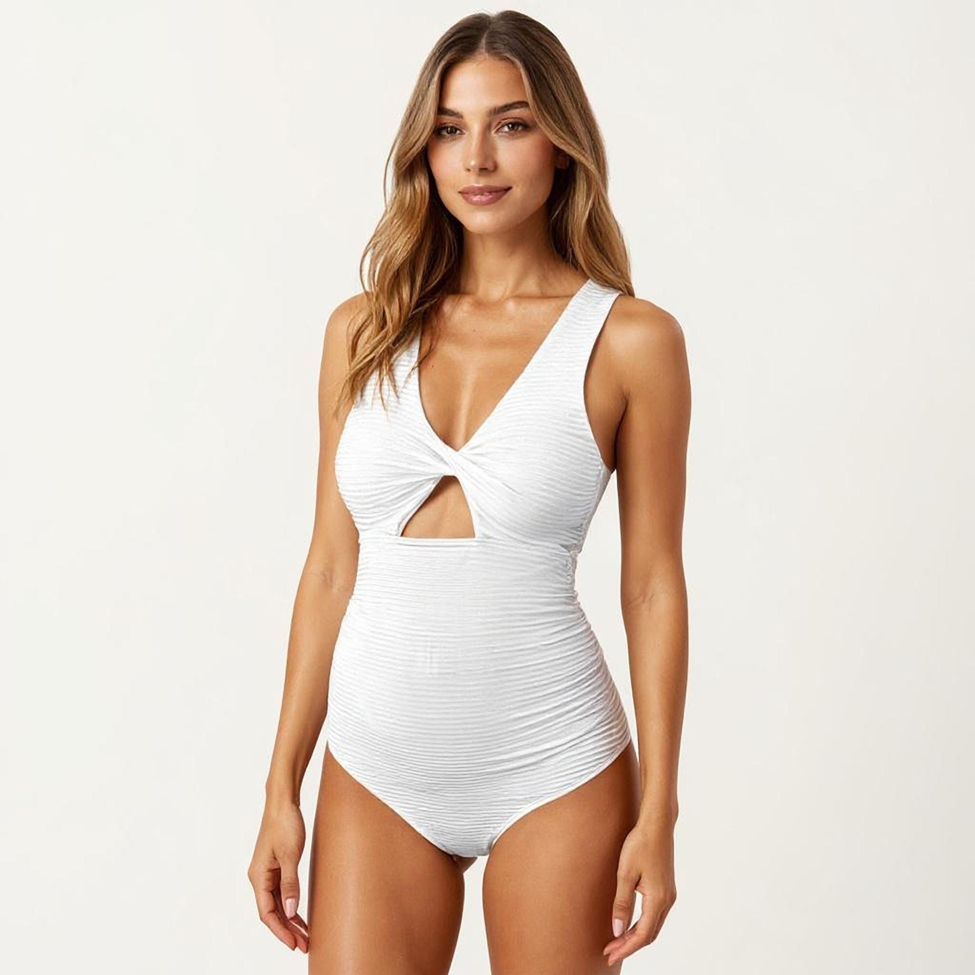 Anna-Kaci Swim Women's Maternity Striped Twist Front One-Piece Swimsuit with Keyhole Cutout