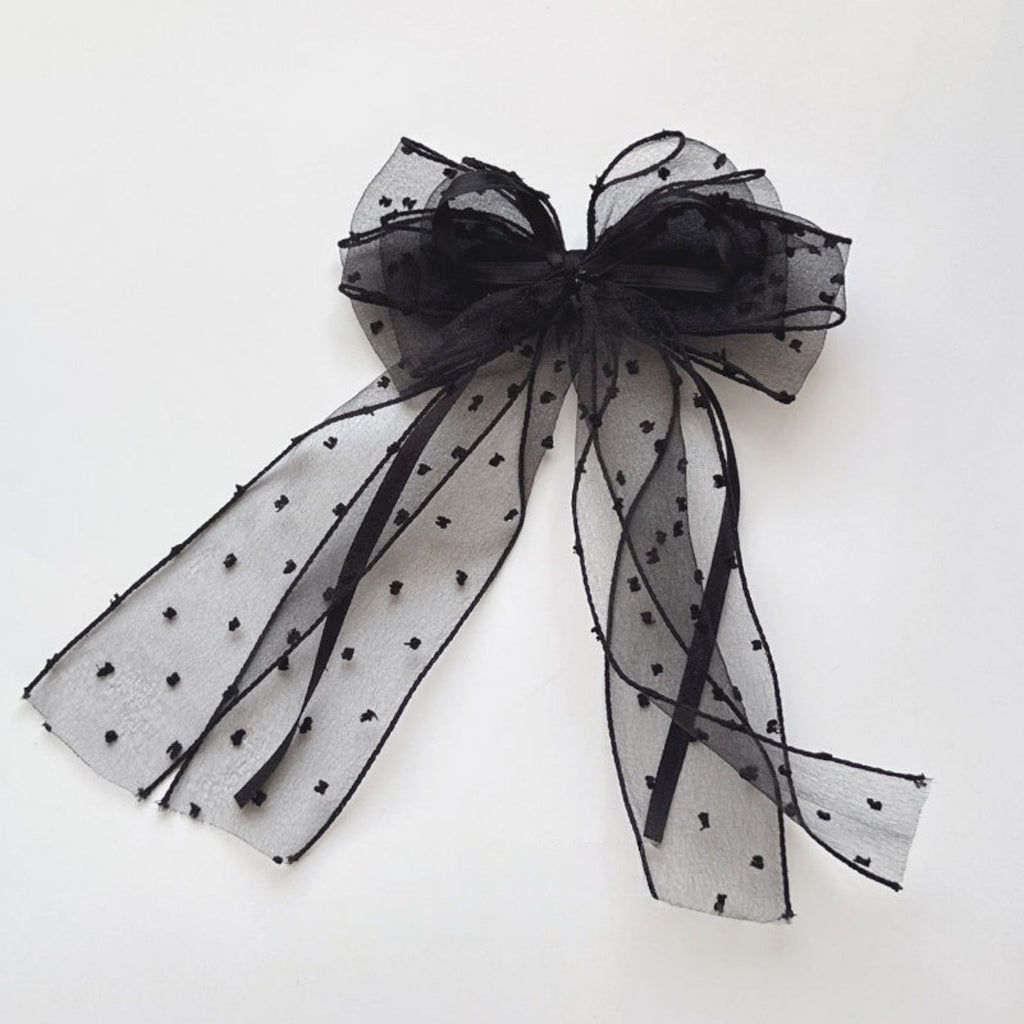 Sheer Polka Dot Bow Hair Clip with Layered Tulle Design and Long Ribbon Tails