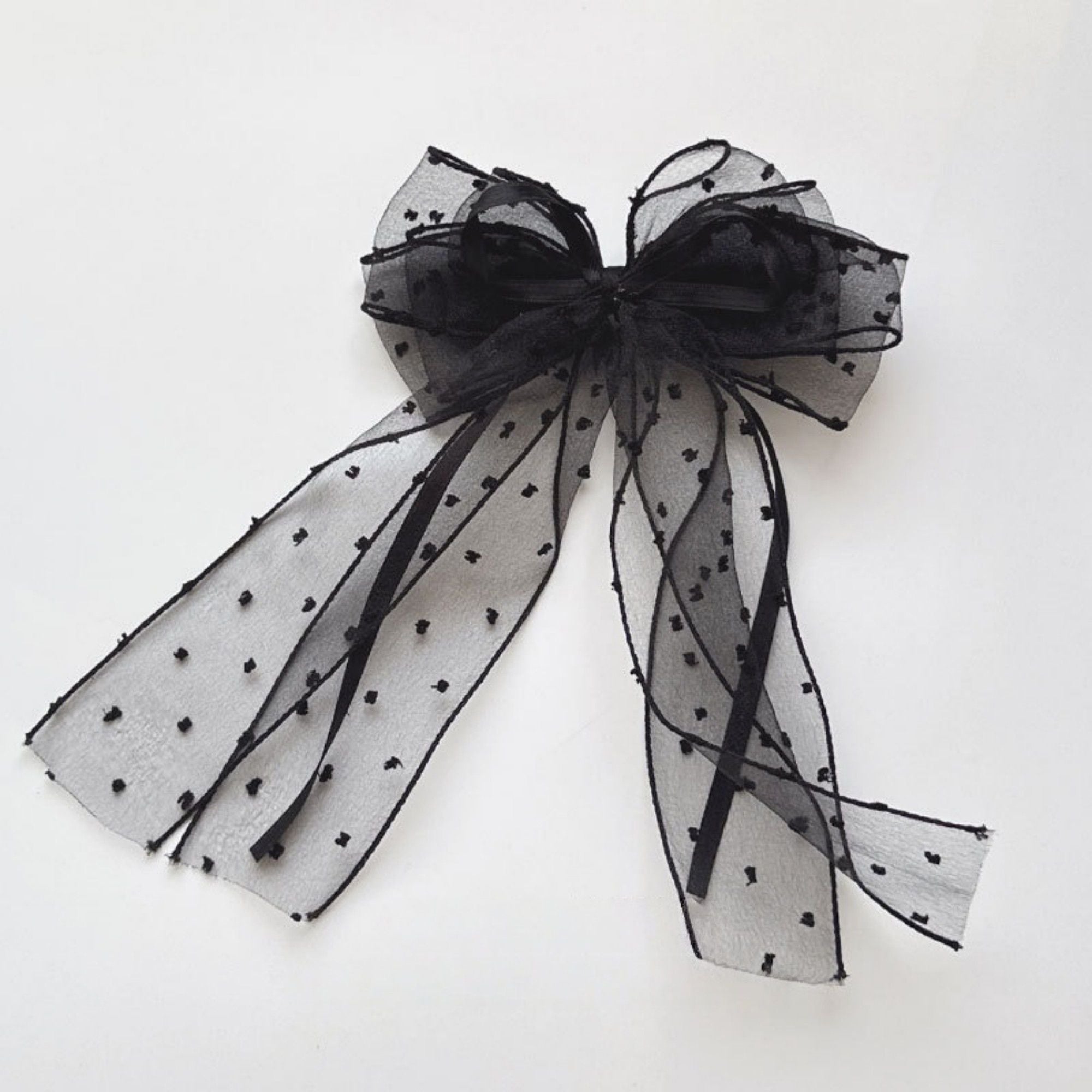Sheer Polka Dot Bow Hair Clip with Layered Tulle Design and Long Ribbon Tails