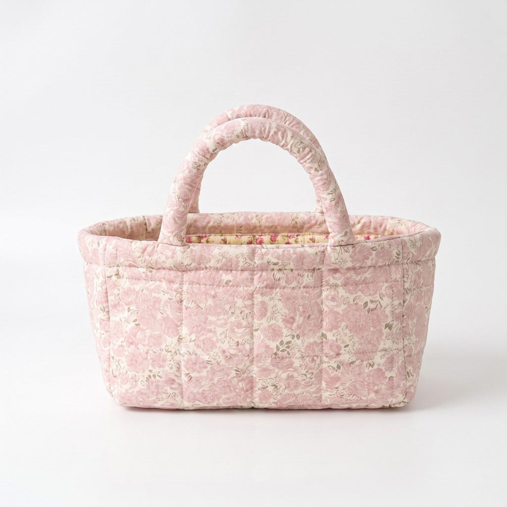 Quilted Floral Storage Basket with Handles for Home Organization