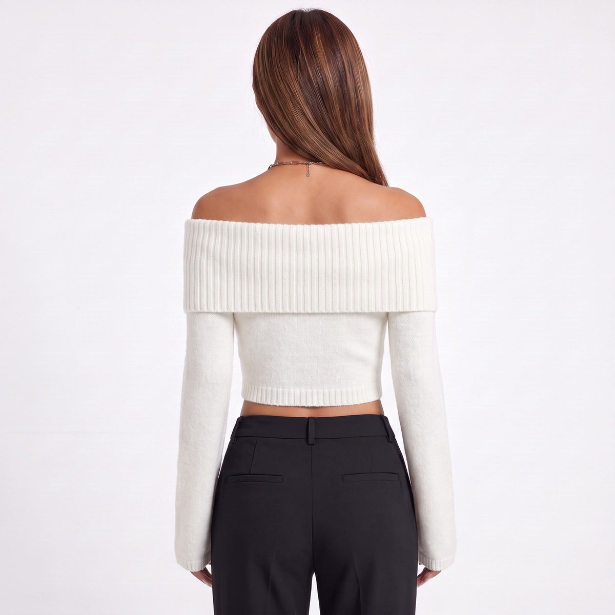 Off Shoulder Foldover Cropped Knit Sweater