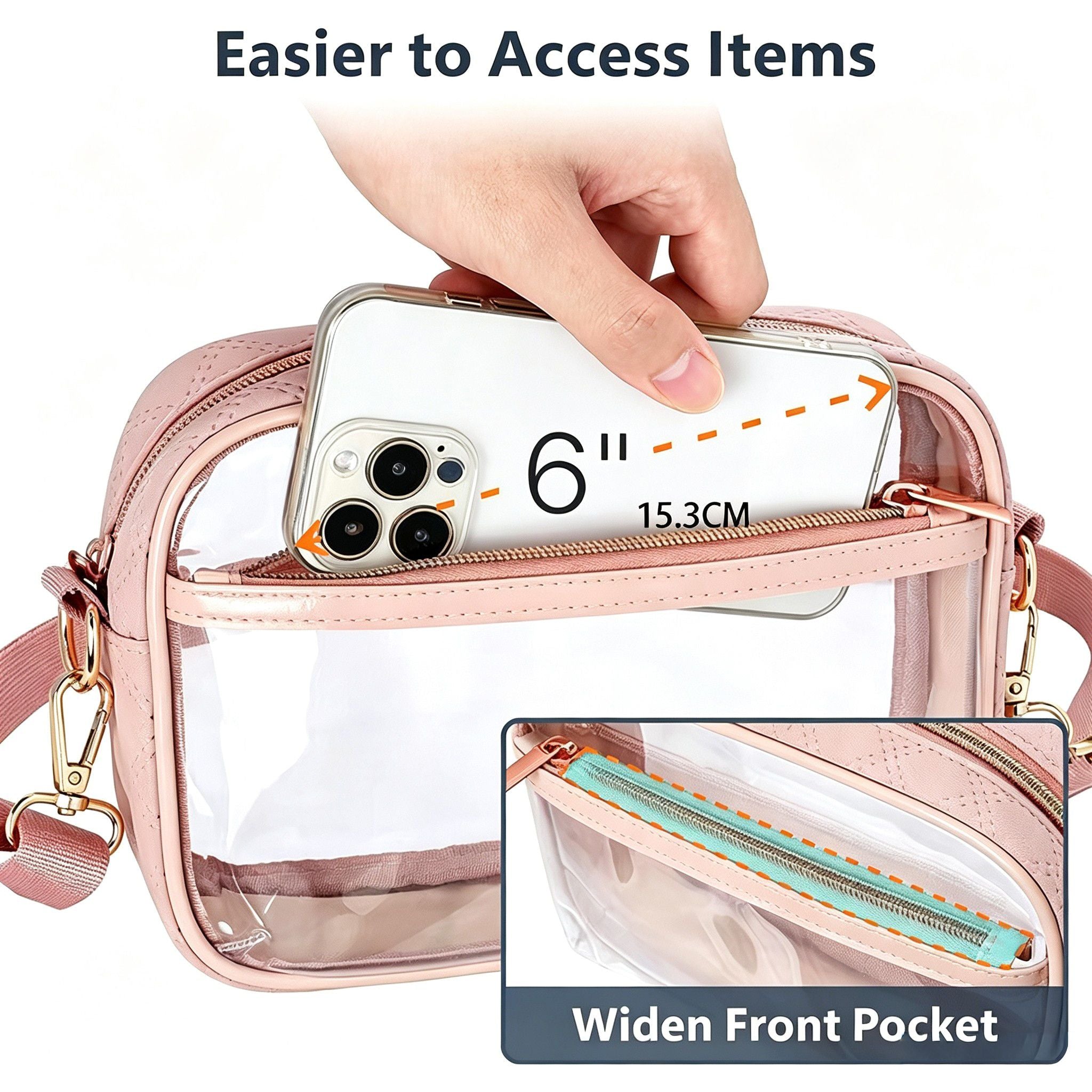 Clear Stadium Crossbody Bag with Front Pocket, Zipper Closure and Adjustable Removable Shoulder Strap