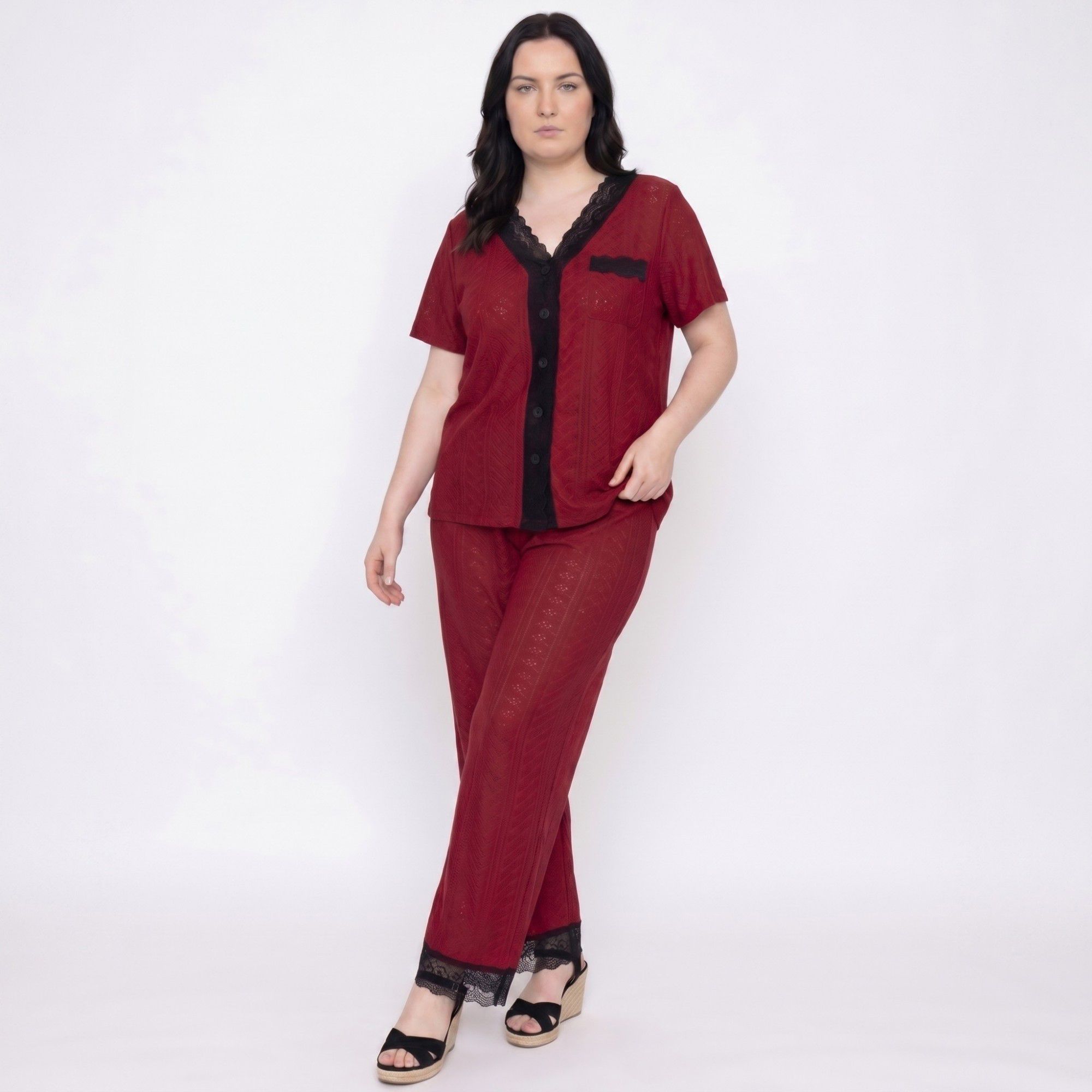 Plus Size 2-Piece Pointelle Button Front Short Sleeve Pajama Top and Pants Set with Lace Trim