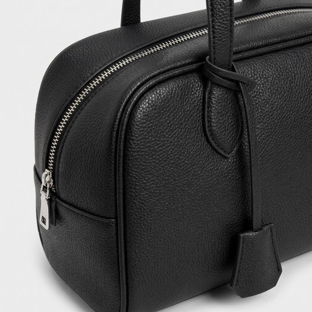 Smooth Grain Rectangular Boston Shoulder Bag with Fixed Long Top Handles & Full Zip Closure 11.8x7.1x4.7in