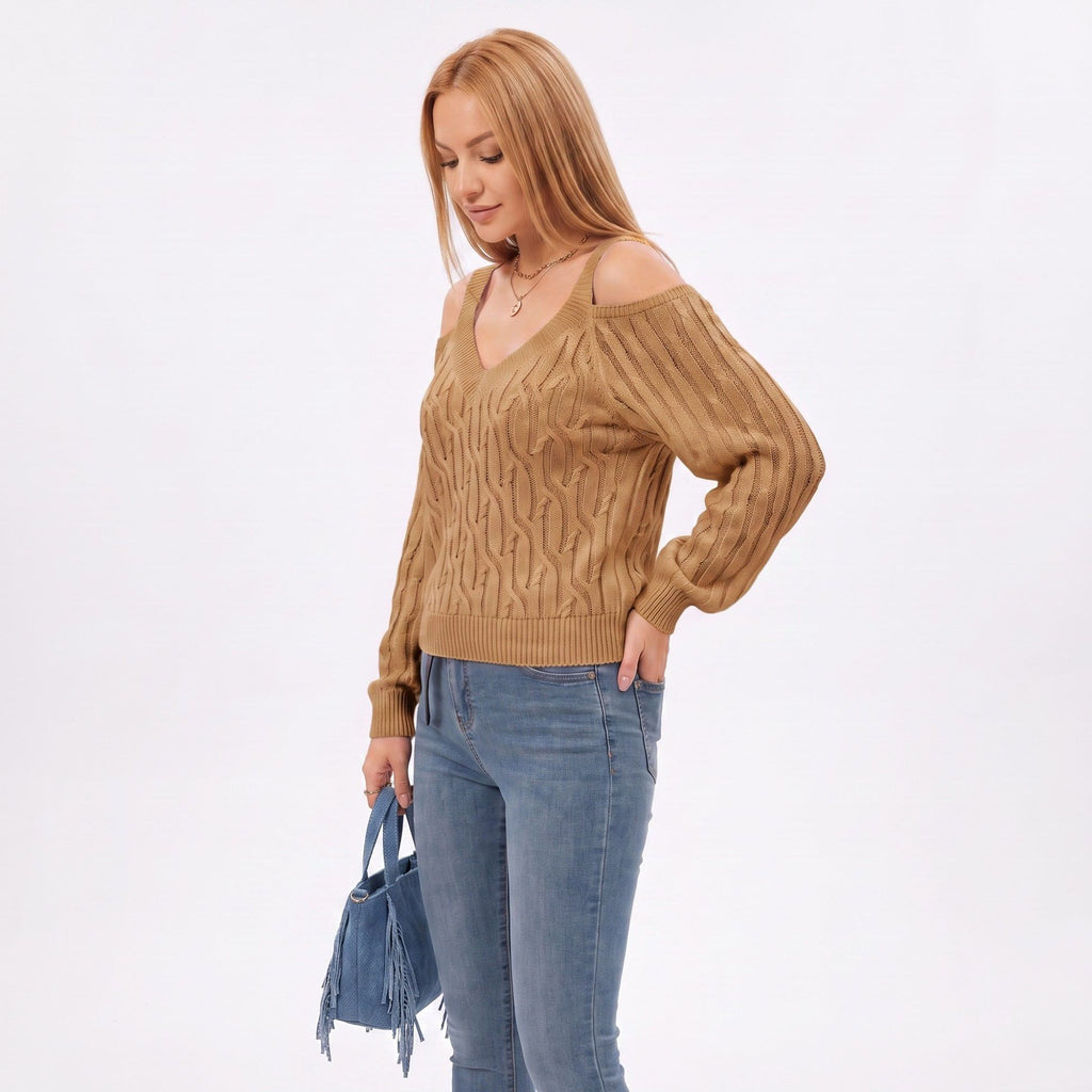 Cold Shoulder V Neck Cable Knit Long Sleeve Sweater