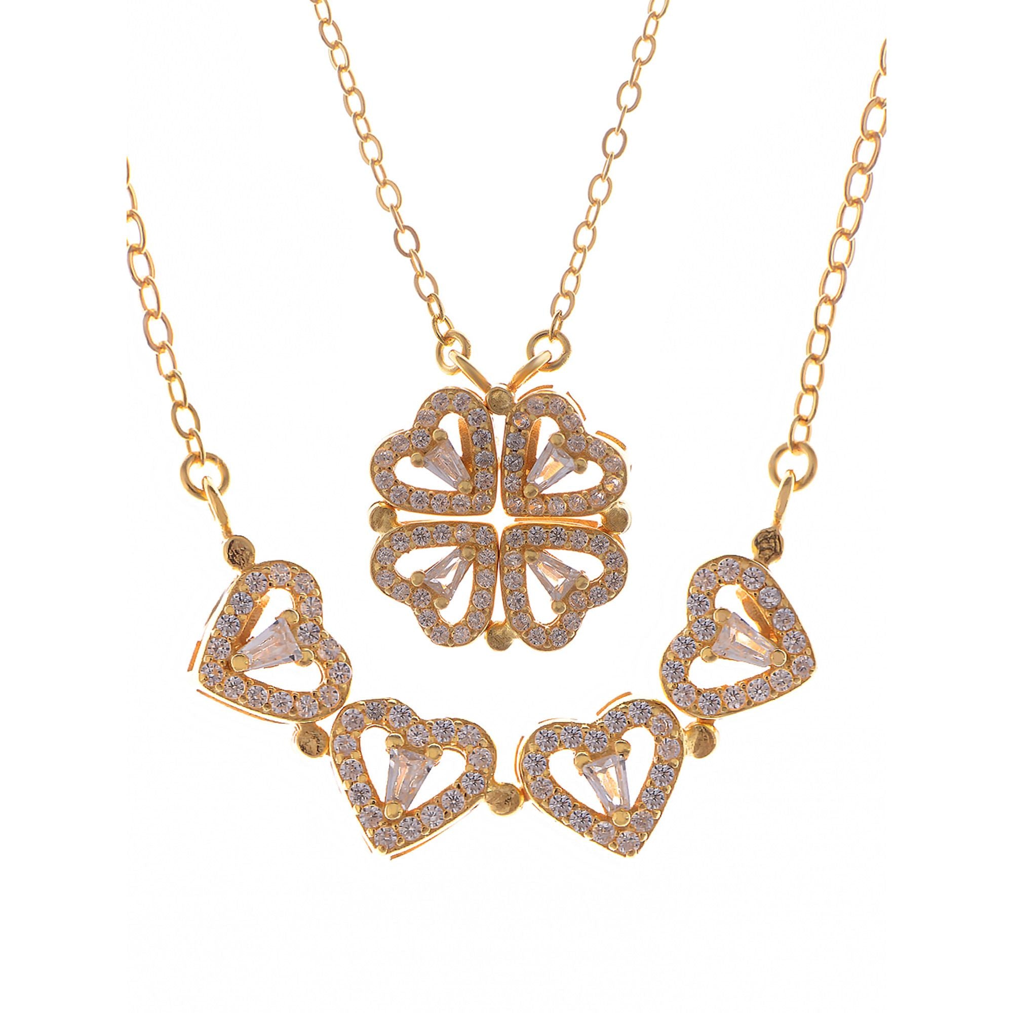 Crystal Heart Four-Leaf Clover Necklace with Matching Heart Chain Design