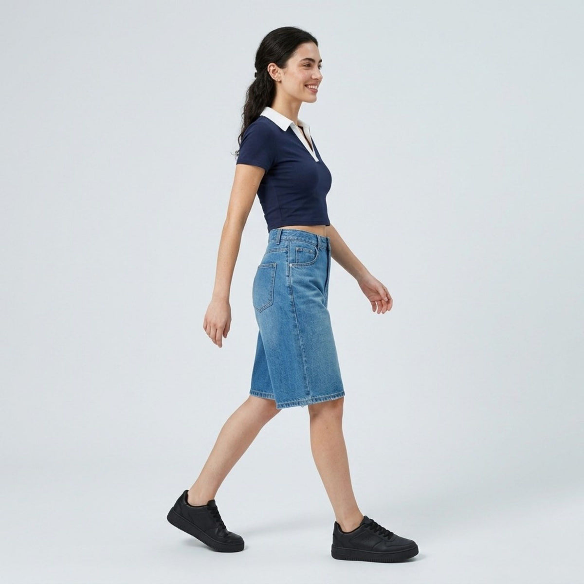 High-Waisted Denim Bermuda Shorts Cute