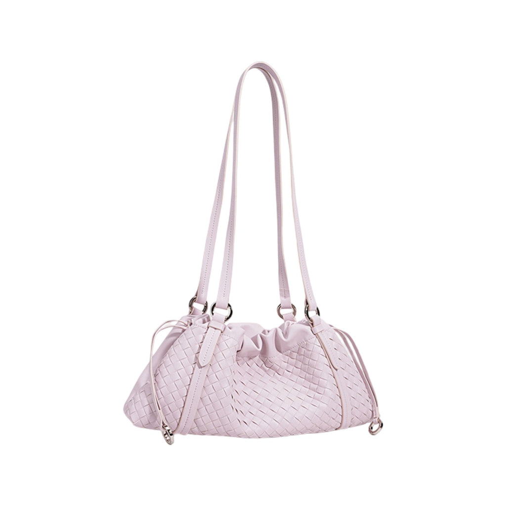 Woven Leather Shoulder Satchel with Ruched Top Detail Long Straps and Slouchy Shape