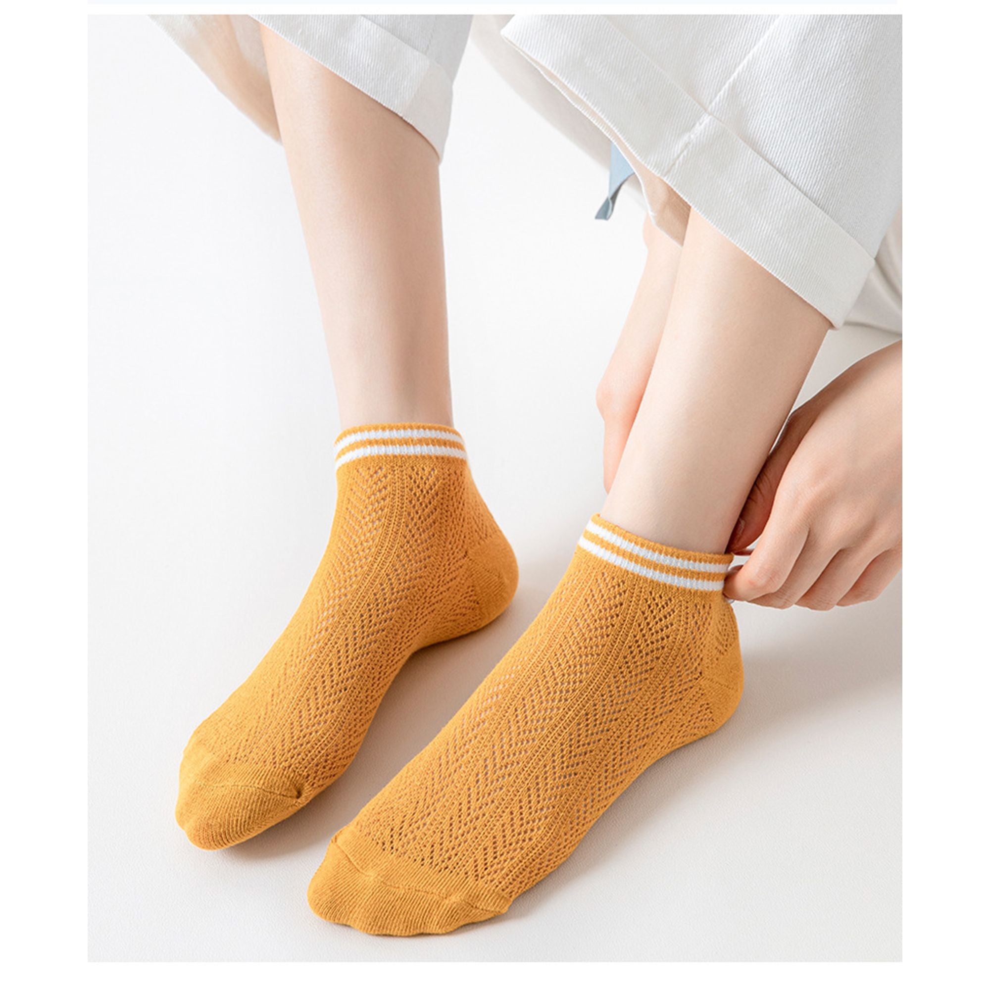 Anna-Kaci Women's 4-Pair Pack Lightweight Mesh Ankle Socks with Striped Cuffs Breathable Knit Texture