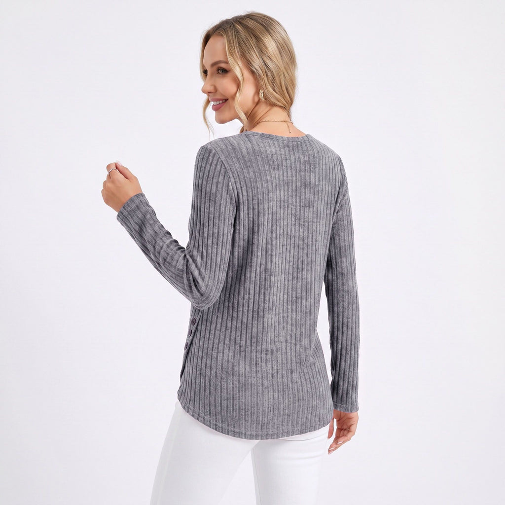 Ribbed Crew Neck Side Slit Long Sleeve Tunic Top