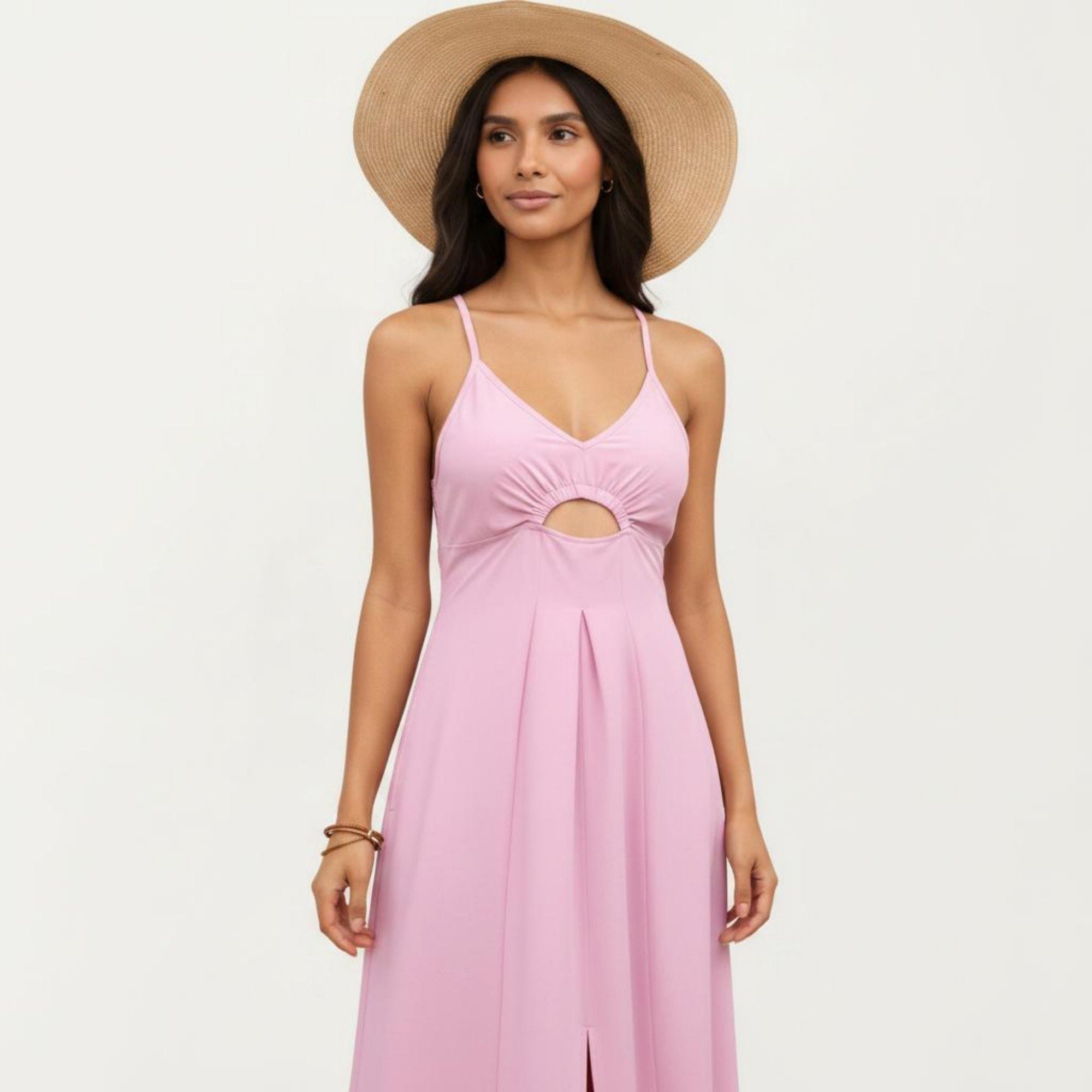 Anna-Kaci Women's Sleeveless Maxi Dress with Cutout Front and Smocked Back