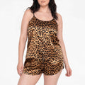 Plus Size 2-Piece Leopard Print Satin Cami Top and Shorts Pajama Lounge Set with Slim Straps