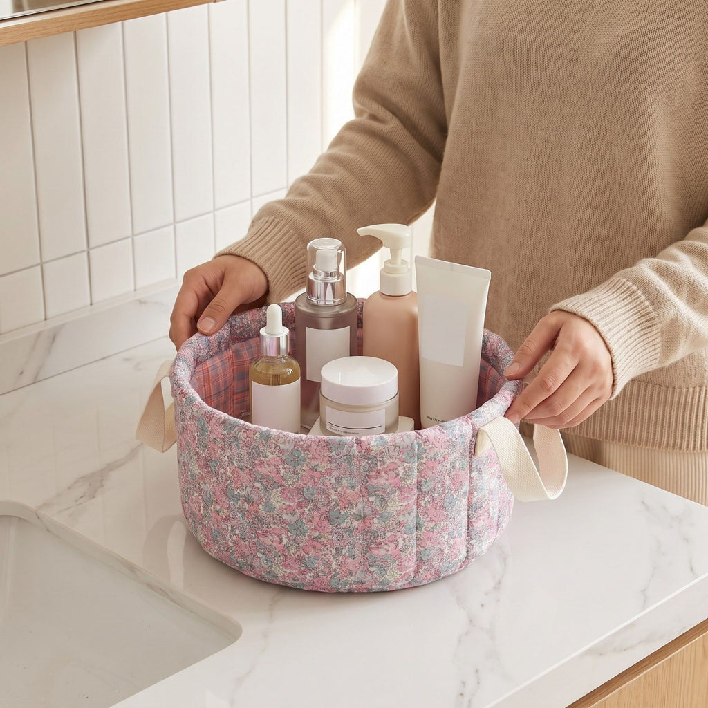 Quilted Floral Storage Basket with Handles for Home Organization
