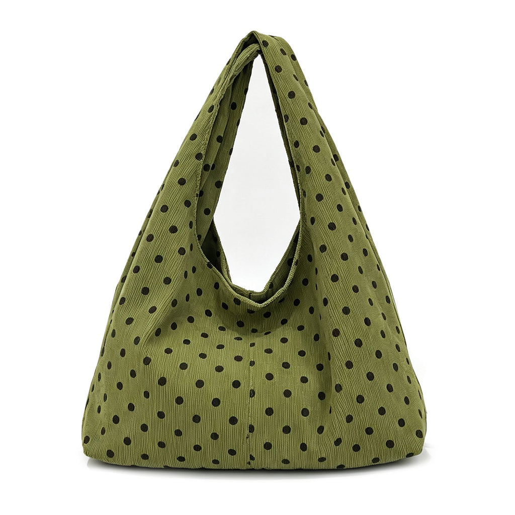 Polka Dot Corduroy Hobo Shoulder Bag with Wide Strap and Interior Pockets